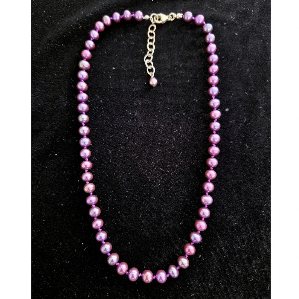 VTG Purple Peacock‎ Cultured Pearl Necklace 925 Sterling Silver Hand Knotted 18